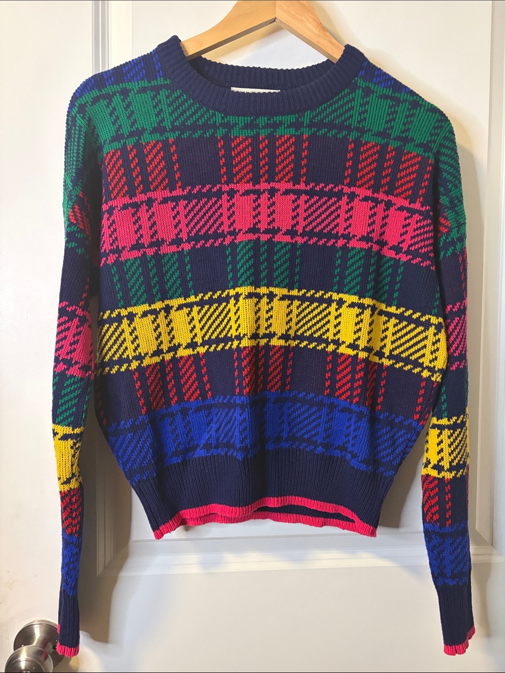 Urban Outfitters Navy Crewneck Sweater with Multicolor Plaid Stripes